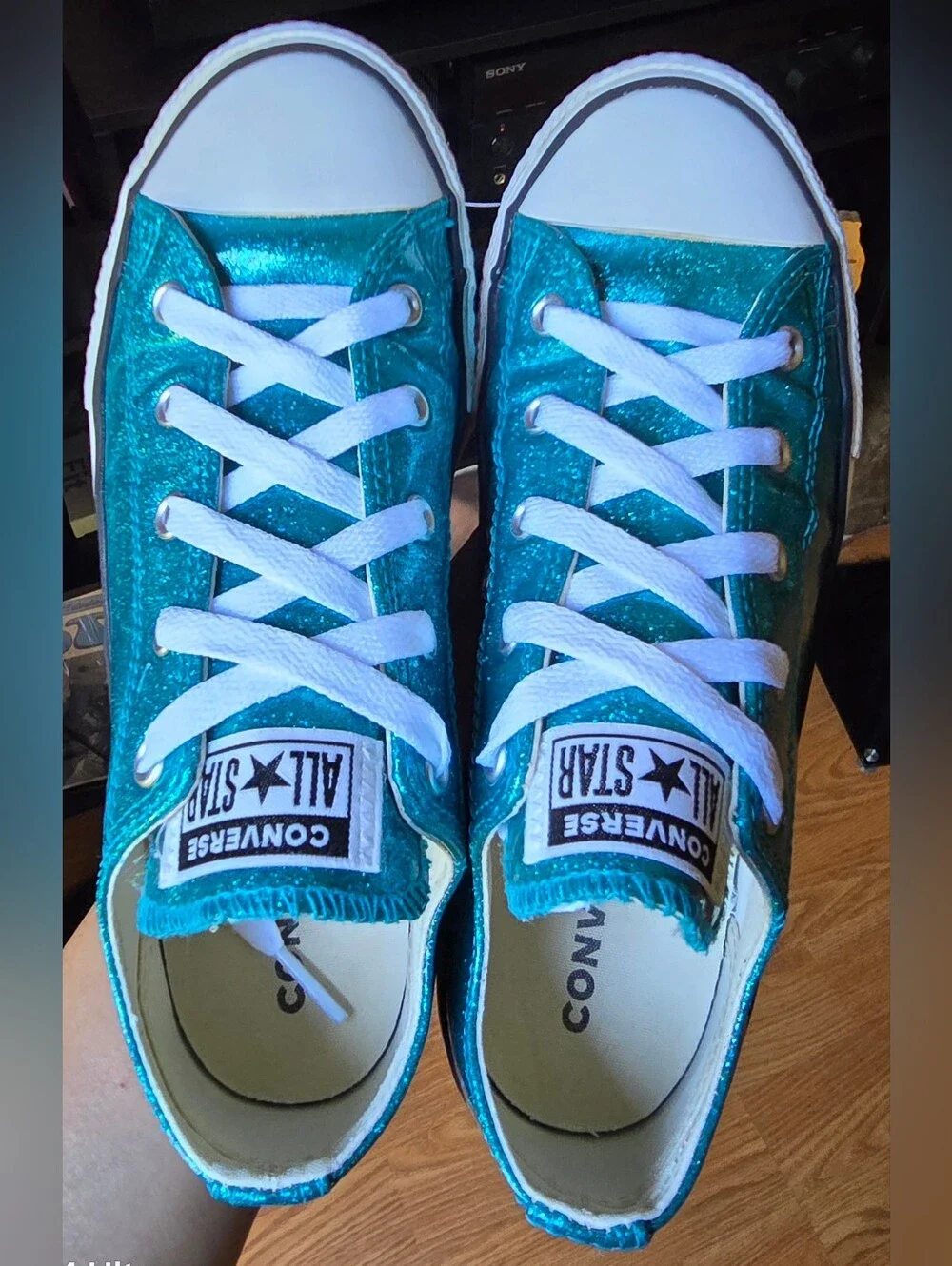 Sz 4 Big Kids CONVERSE CTAS 'Teal' Glitter Low Top Shoes